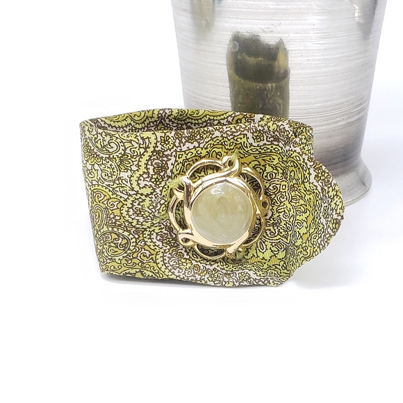Vintage Jewelry - Vintage Handmade 100% Floral Silk & Metallic Green Medallion Bracelet